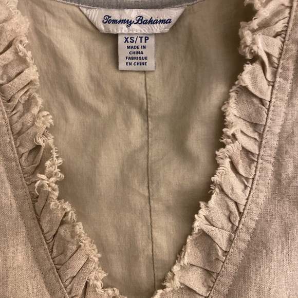 Tommy Bahama Beige Ruffled V-Neck Dress - XS tan linen with pockets - Picture 3 of 5